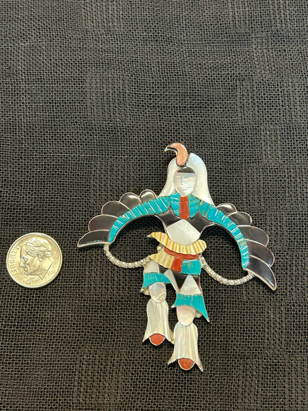 Zuni handcrafted sterling silver pin/pendant with genuine stone inlay.  LZ525