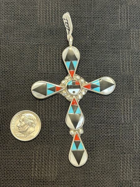 Zuni Handcrafted sterling silver cross with genuine stone inlay.  By Florencio Lucio.  LZ532