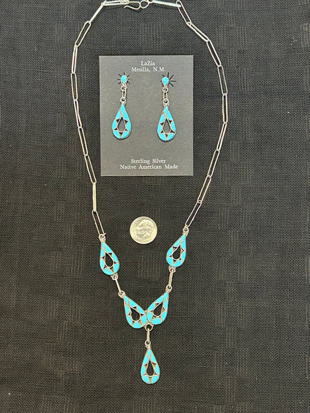 Zuni handcrafted sterling silver necklace and earrings set with genuine turquoise  LZ533