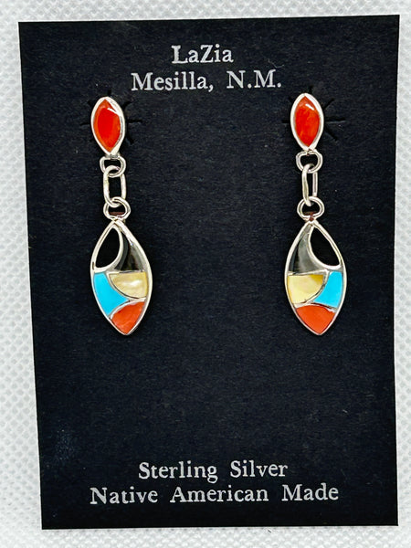 Zuni Handcrafted sterling silver earrings with genuine stone and shell inlay.  LZ851