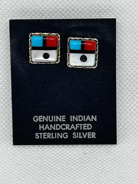 Zuni Handcrafted sterling silver earrings with genuine stone and shell inlay.  LZ852