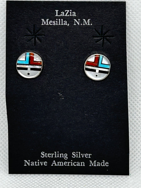 Zuni Handcrafted sterling silver earrings with genuine stone and shell inlay.  LZ854