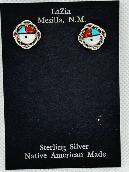Zuni Handcrafted sterling silver earrings with genuine stone and shell inlay.  LZ858