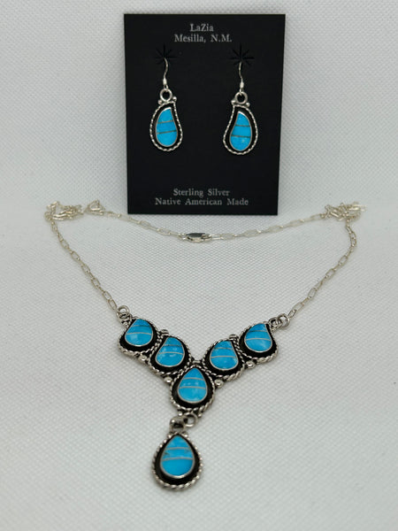Zuni handcrafted sterling silver and genuine turquoise necklace and earring set. LZ865