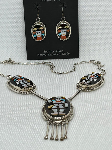 Zuni handcrafted sterling silver earring and necklace set by Bev Etsate.  LZ875