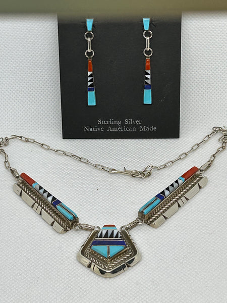 Zuni handcrafted sterling silver and genuine stone necklace and earring set.  LZ877
