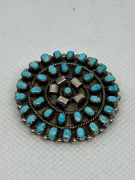 Zuni handcrafted sterling silver “petit point” style with genuine turquoise pin or pendant, by Laurevita Walea.  LZ882