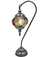 Mosaic glass inlay lamp with glass globe in goose neck style.