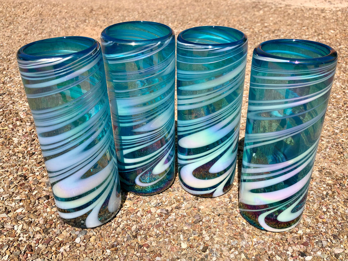 Tom Collins glasses hand blown in solid aquamarine glass, set of 4