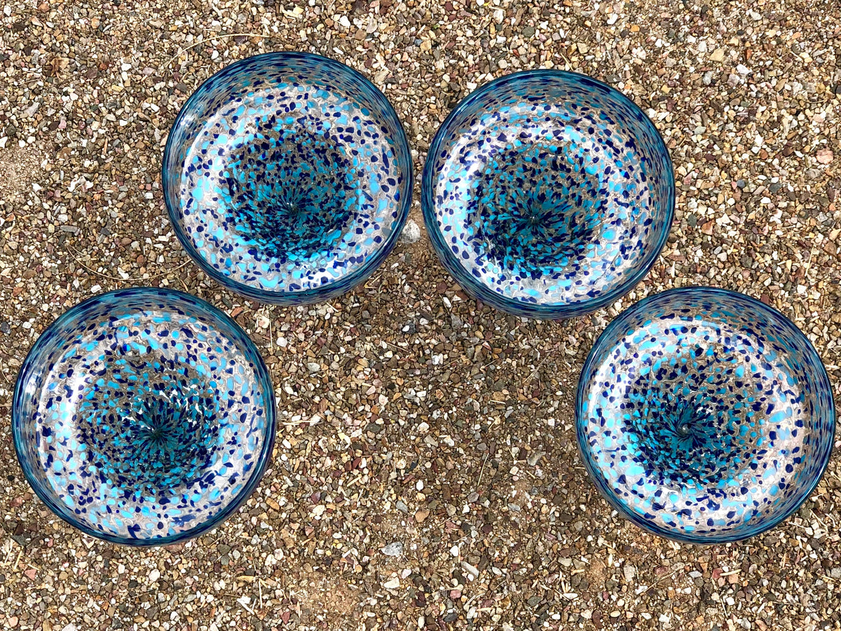 Margarita hand blown glasses in aquamarine with white swirl . – Del Sol/Off  Fourth
