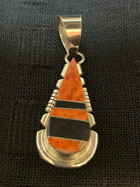 Navajo handcrafted by BE, sterling silver with onyx and Spiney oyster  NM107. 2” from top to bottom.
