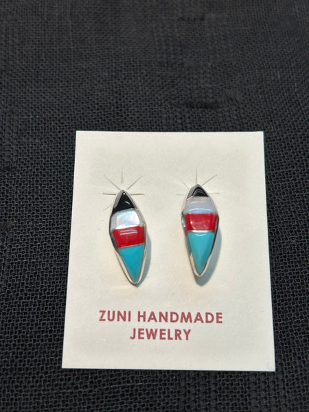 Zuni handcrafted 4 stone inlay earrings in sterling silver and genuine stones. NM137
