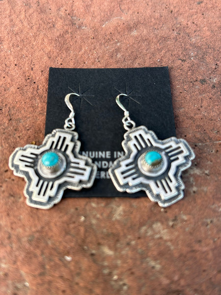 Zia earrings in sterling silver and genuine turquoise handcrafted by Navajo Artist, Annie Spenser. NM154