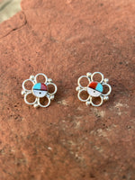 Zuni Handcrafted Sun God earrings in sterling silver and genuine stones.  NM170