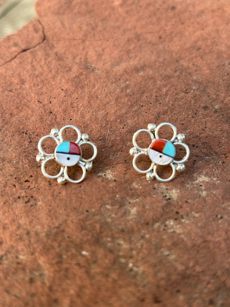 Zuni Handcrafted Sun God earrings in sterling silver and genuine stones.  NM170