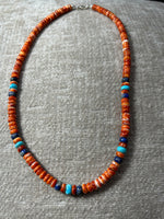 Spiney Oyster, Lapis, Kingman Turquoise, and sterling silver necklace.  18.5” long. JK-47 FREE SHIPPING IN THE CONTINENTAL USA.