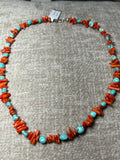 Genuine turquoise with red coral and sterling silver clasp.  18” long by A.S.    AS 603 FREE SHIPPING IN THE CONTINENTAL USA.