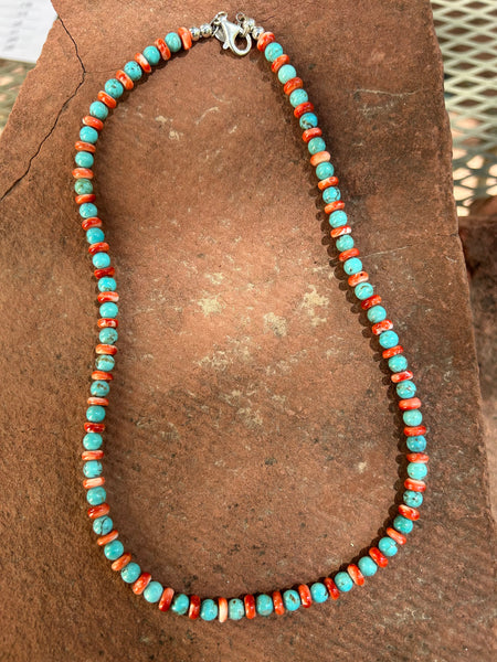 Genuine Turquoise round beads with Spiney oyster discs, Navajo Pearl style A.S.506-1 FREE SHIPPING IN THE CONTINENTAL USA.