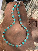 Genuine Campitos Turquoise and Spiney Oyster Shell necklace with sterling silver clasp.  AS503. 24”