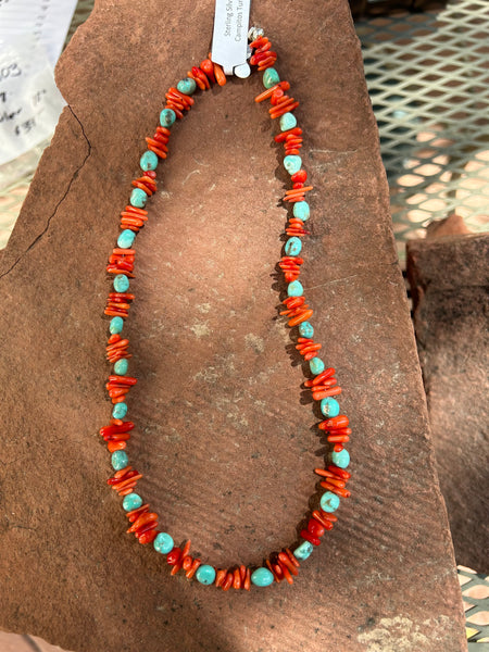 Genuine turquoise with red coral and sterling silver clasp.  18” long by A.S.    AS 603 FREE SHIPPING IN THE CONTINENTAL USA.