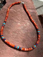 Spiney Oyster, Lapis, Kingman Turquoise, and sterling silver necklace.  18.5” long. JK-47 FREE SHIPPING IN THE CONTINENTAL USA.