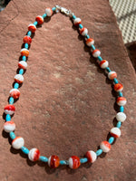 Spiney Oyster Shell beads with Kingman Turquoise and sterling silver necklace.  JK-46. 15.5 “ long.