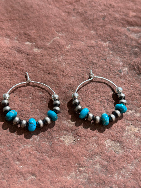 Sterling Silver earrings with turquoise from Arizona.  24mm hoop handcrafted.  JK5