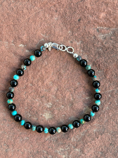 Black Onyx, genuine turquoise and sterling silver bracelet, 7.5” length 4mm and 6mm  SR112