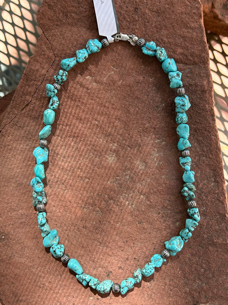 Genuine Turquoise nugget necklace with alternating sterling silver beads 18”, USA made A.S.   Z-1008-1