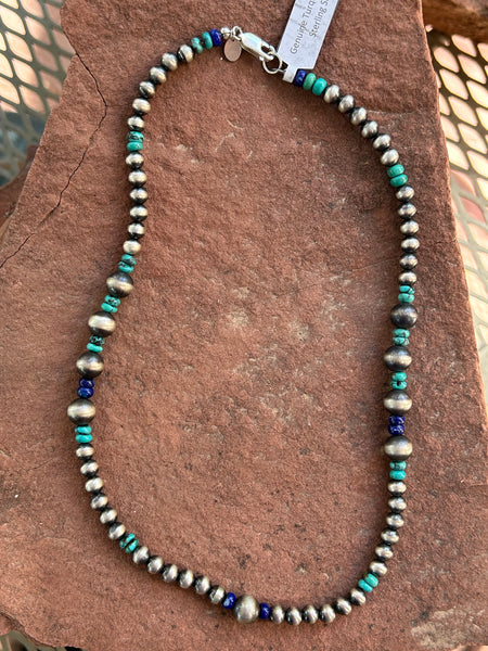 Genuine Turquoise, Lapis and vintage style sterling silver beads. 19” long Z1023