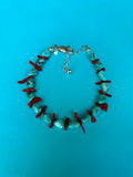 Genuine Campitos Turquoise with natural Italian branch coral.  Adjustable from 7” to 9”.  AS710