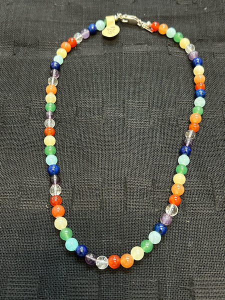 Multi color Agates, 6mm, 16”, sterling silver necklace.  Clearance