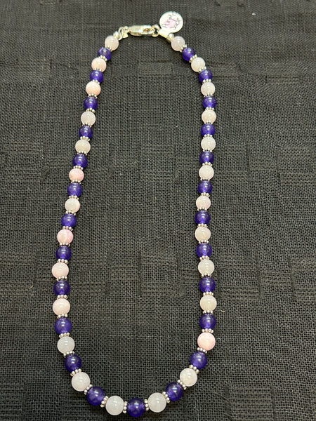 Clearance priced Genuine Rose Quartz and purple jade with sterling silver necklace, 16” long with 6 mm stones.