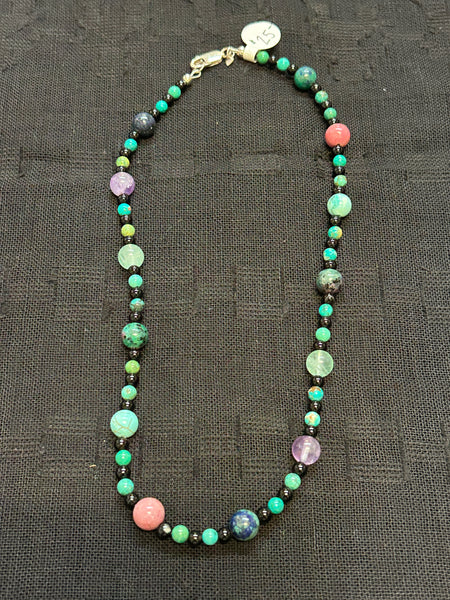 Clearance priced Turquoise, Onyx, Amethyst necklace with sterling silver in a 17” length.