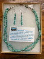 Genuine Campitos Turquoise in matte finish with sterling silver 2 strand necklace.  with matching earrings , 18” necklace, by A.S.  CAMP19