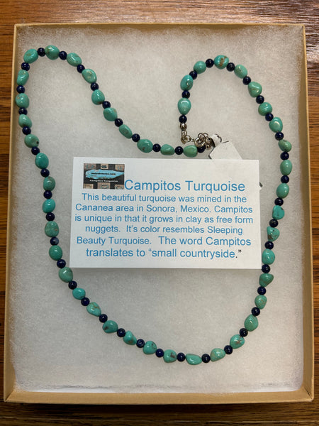 Campitos turquoise with lapis beads handcrafted in sterling silver by A.S.  CAMP-12 FREE SHIPPING IN THE CONTINENTAL USA.