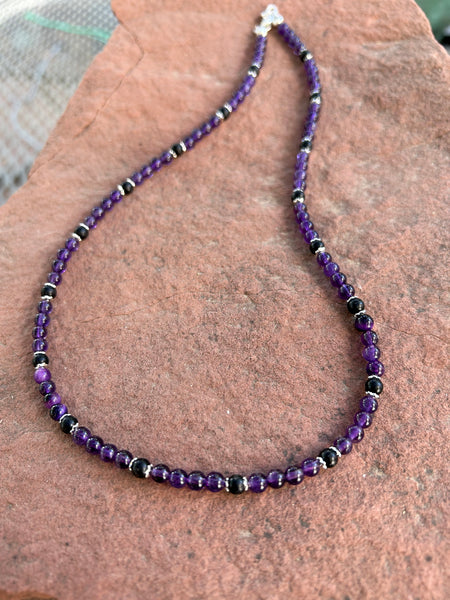 Genuine Amethyst and Black Onyx 4mm beads with sterling silver, 15”. SR1004