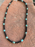 Black Onyx and Kingman turquoise necklace 4mm beads with sterling silver 15”. SR1001