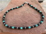Genuine Kingman Turquoise, Black Onyx, and Sterling Silver 15” necklace.  SR1006 FREE SHIPPING IN THE CONTINENTAL USA.