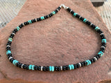 Genuine Kingman Turquoise, Black Onyx, and Sterling Silver 15” necklace.  SR1006