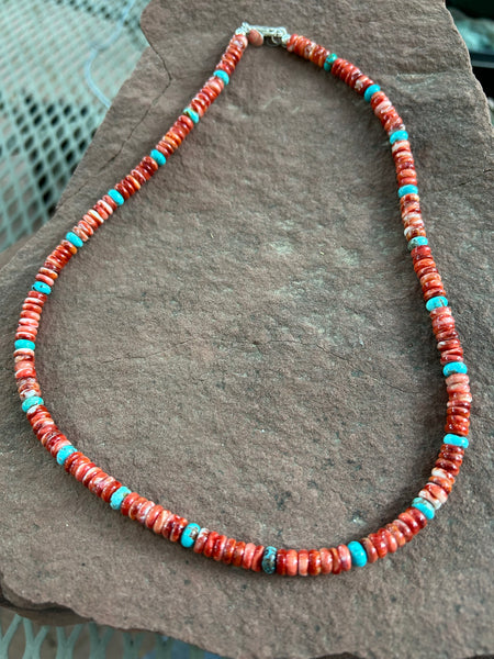 Handcrafted Spiney Oyster shell and Iron Mountain Turquoise, 19.5”, 7-8mm, SR1013