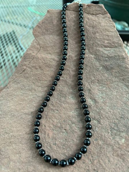 Handcrafted Black Onyx 6mm stones with sterling silver accents, 19” long, SR1021