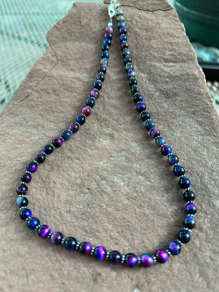 Handcrafted Purple 6mm Tiger Eye necklace with sterling silver.  19”, SR1023