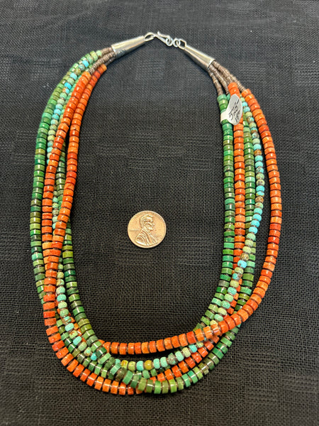 Kewa (Santo Domingo) 5 strand necklace with genuine turquoise, Spiney Oyster, and sterling silver.  18” long, LZ