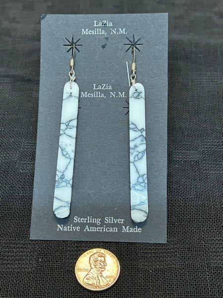 Kewa ( Santo Domingo) handcrafted earrings with sterling silver and White Buffalo stone.  LZ018. 3” drop incl. wires.