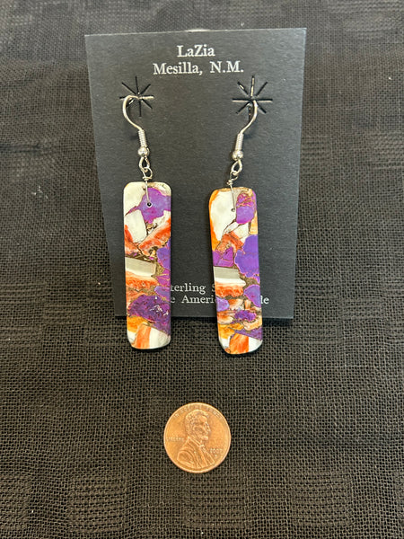 Kewa ( Santo Domingo) handcrafted earrings with sterling silver and Composite shell with stones.  LZ021. 3” drop incl. wires.