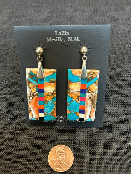 Kewa ( Santo Domingo) handcrafted earrings with sterling silver and Composite stone and shell.  LZ022. 2.25 “ drop incl wires.