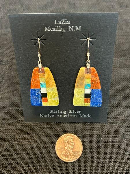 Kewa ( Santo Domingo) handcrafted earrings with sterling silver and Inlaid stones.  1.75” drop incl. wires.  LZ025