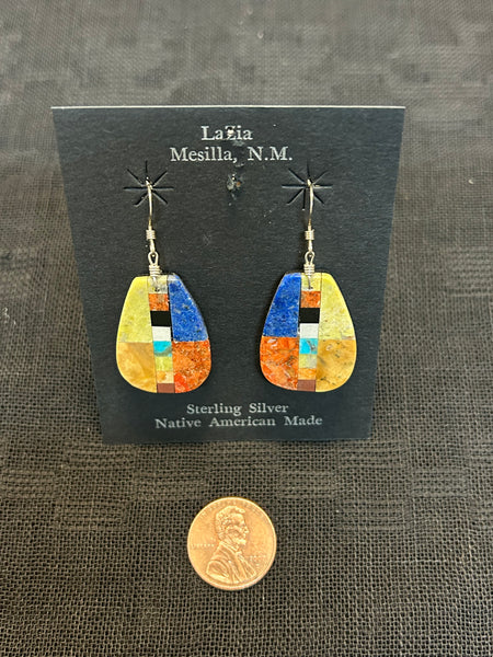 Kewa handcrafted inlay stone earrings with sterling silver. LZ029, by Rudy Coriz.  1.75” drop incl. wires.