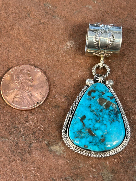 Navajo handcrafted sterling silver, genuine turquoise, pendant.  LZ072. 2” top to bottom.